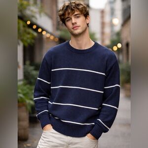 Wishlist Classic Navy Striped Soft Knit Sweater Pullover | Size- Medium